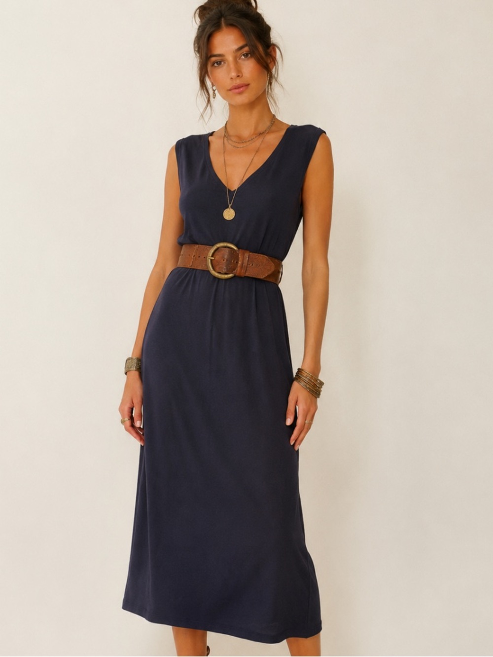 Joan Vass Navy Midi/Maci Dress  Sleeveless Stretch Jersey Knit Medium